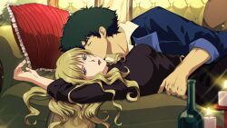 blonde_hair blue_eyes closed_eyes couple cowboy_bebop green_hair julia_(cowboy_bebop) kiss leslievernon spike_spiegel