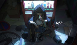 Rule 34 | 1girl, absurdres, arknights, bandaid, bandaid on face, blue eyes, box, boxing gloves, can, cardboard box, cat, dark-skinned female, dark skin, drinking, flint (arknights), highres, hood, pantyhose, qingfeng canying, road sign, shorts, sign, solo, torn clothes, torn pantyhose, vending machine