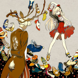 Rule 34 | 1boy, 1girl, animal ears, antlers, arm behind back, arms up, asymmetrical footwear, blonde hair, boots, bow, deer, glass slipper, hairband, high heels, horns, long hair, loo, mismatched footwear, original, personification, pillow, polka dot, red eyes, shoes, short hair, striped, too many