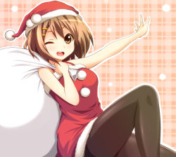 Rule 34 | 00s, 1girl, ;d, bare arms, brown eyes, brown hair, christmas, hat, hirasawa yui, k-on!, one eye closed, open mouth, outstretched arm, pantyhose, plaid, plaid background, round teeth, sack, santa costume, santa hat, short hair, sleeveless, smile, solo, teeth, violetshit, wink