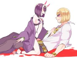 Rule 34 | 1boy, 1girl, belt, blonde hair, breasts, fate/grand order, fate (series), from side, glasses, hair ornament, horns, japanese clothes, jewelry, kimono, midriff, navel, off shoulder, oni, open mouth, purple eyes, purple hair, sakata kintoki (fate), short hair, shuten douji (fate), shuten douji (first ascension) (fate), sitting, small breasts, sunglasses, watch, wristwatch, zbura