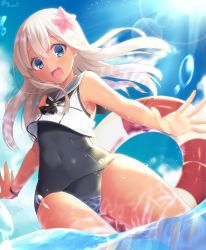 Rule 34 | 10s, 1girl, bad id, bad twitter id, blonde hair, blue eyes, blurry, blush, cloud, covered navel, crop top, day, depth of field, dutch angle, eyebrows, gluteal fold, hair between eyes, japanese flag, kantai collection, lifebuoy, looking at viewer, navy (navy.blue), neckerchief, one-piece swimsuit, outdoors, outstretched arms, ro-500 (kancolle), sailor collar, school swimsuit, shirt, sky, sleeveless, sleeveless shirt, solo, sparkle, standing, sun, sunlight, swim ring, swimsuit, swimsuit under clothes, tan, twitter username, water, water drop, wristband