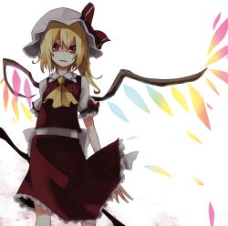 Rule 34 | 1girl, album cover, alternate wings, ascot, bad id, bad pixiv id, blonde hair, cover, embodiment of scarlet devil, female focus, flandre scarlet, hat, looking at viewer, parted lips, red eyes, shiroshi (denpa eshidan), short hair, side ponytail, simple background, smile, solo, touhou, wings