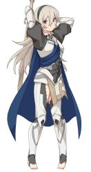 Rule 34 | &gt;:), 1girl, armor, arms up, barefoot, black hairband, blue cape, blush, cape, closed mouth, commentary request, corrin (female) (fire emblem), corrin (fire emblem), fire emblem, fire emblem fates, full body, hair between eyes, hairband, holding, holding sword, holding weapon, long hair, looking at viewer, nintendo, pigeon-toed, red eyes, shiseki hirame, silver hair, simple background, smile, solo, split mouth, standing, sword, thighs, v-shaped eyebrows, weapon, white background, yato (fire emblem)