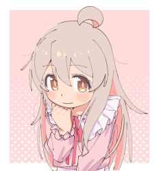 Rule 34 | 1girl, blush, brown eyes, clenched hand, closed mouth, commentary request, frilled shirt collar, frills, grey hair, hair between eyes, highres, long hair, long sleeves, looking at viewer, miyachi (qqm32xk9), multicolored hair, onii-chan wa oshimai!, oyama mahiro, pink hair, pink shirt, shirt, solo, upper body, wavy mouth