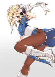 Rule 34 | 1girl, 218, black pantyhose, blonde hair, blush, boots, bracelet, breasts, brown eyes, bun cover, capcom, china dress, chinese clothes, chun-li, chun-li (cosplay), cosplay, cross-laced footwear, djeeta (granblue fantasy), double bun, dress, granblue fantasy, hair bun, jewelry, knee boots, lace-up boots, medium breasts, open mouth, panties, pantyhose, pelvic curtain, sash, short hair, smile, solo, spiked bracelet, spikes, street fighter, underwear, white footwear