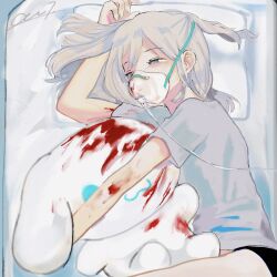 Rule 34 | 1girl, black shorts, blood, blood on clothes, blood on face, blood splatter, ccnaov, cinnamoroll, commentary request, expressionless, from above, grey eyes, grey hair, grey shirt, half-closed eyes, highres, long hair, lying, hugging object, on bed, on side, original, oxygen mask, pillow, sanrio, shirt, short sleeves, shorts, solo, stuffed animal, stuffed dog, stuffed toy, t-shirt
