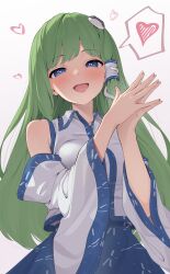 Rule 34 | 1girl, blue eyes, blue sky, blush, commentary request, detached sleeves, frog hair ornament, from below, green hair, hair ornament, heart, heart-shaped pupils, highres, kanpa (campagne 9), kochiya sanae, lips, long hair, looking at viewer, nontraditional miko, own hands together, parted lips, shirt, sky, snake hair ornament, solo, speech bubble, spoken heart, symbol-shaped pupils, teeth, tongue, touhou, upper teeth only, very long hair, white background, white shirt, white sleeves