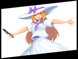 Rule 34 | 1girl, :d, ^ ^, alternate costume, blonde hair, bow, braid, closed eyes, commentary request, cookie (touhou), cowboy shot, facing viewer, hair between eyes, hair bow, hat, hat bow, highres, holding, holding knife, kirisame marisa, knife, long hair, open mouth, outstretched arms, purple bow, purple sailor collar, sailor collar, sailor shirt, shirt, simple background, single braid, skirt, skirt set, smile, solo, standing, suzu (cookie), tarmo, touhou, white background, white hat, white shirt, white skirt