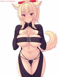 Rule 34 | 1girl, animal ears, black dress, black panties, blonde hair, blush, bow, breasts, cat ears, cat girl, cat tail, cleavage, closed mouth, collarbone, commentary, cowboy shot, dress, english commentary, hair bow, hair ornament, hands on own chest, heart, heart-shaped pupils, highres, large breasts, long hair, long sleeves, looking at viewer, navel, nottytiffy, original, panties, patreon username, ponytail, red bow, red eyes, revealing clothes, smile, solo, standing, stomach, symbol-shaped pupils, tail, thighs, tiffy (nottytiffy), underboob, underwear