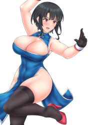 Rule 34 | 1girl, absurdres, adapted costume, black gloves, black hair, black thighhighs, blue dress, blush, breasts, china dress, chinese clothes, cleavage cutout, clothing cutout, dress, fighting stance, gloves, hiballista, highres, kantai collection, large breasts, open mouth, pelvic curtain, red eyes, short hair, simple background, smile, solo, takao (kancolle), thighhighs, white background