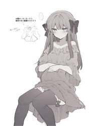 Rule 34 | ..., 1girl, anna (ikeuchi tanuma), blush, bow, closed mouth, dot nose, dress, earrings, fur-trimmed thighhighs, fur trim, greyscale, hair bow, ikeuchi tanuma, invisible chair, jewelry, long hair, looking at viewer, monochrome, original, pregnant, simple background, sitting, solo, spoken ellipsis, thighhighs, translation request, white background