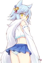 Rule 34 | 1girl, animal ears, ass, azur lane, bare shoulders, bell, blue hair, blue skirt, blush, breasts, cowboy shot, crop top, crop top overhang, detached sleeves, from behind, fubuki (azur lane), hair ornament, isao (wasamoti), japanese clothes, jingle bell, long sleeves, looking at viewer, looking back, medium breasts, midriff, miniskirt, panties, pleated skirt, scarf, shirt, short hair, simple background, skirt, sleeves past fingers, sleeves past wrists, solo, standing, striped clothes, striped panties, thighs, underwear, white background, white panties, white scarf, white shirt, yellow eyes