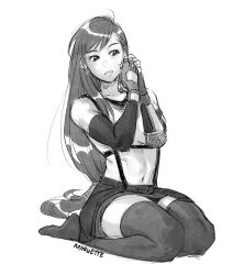Rule 34 | 1girl, arm guards, bare shoulders, commentary, crop top, earrings, elbow gloves, elbow pads, final fantasy, final fantasy vii, final fantasy vii remake, fingerless gloves, full body, gloves, greyscale, hands up, highres, irene koh, jewelry, long hair, low-tied long hair, midriff, monochrome, navel, parted lips, putting on jewelry, seiza, single elbow pad, sitting, skirt, solo, sports bra, suspender skirt, suspenders, swept bangs, tank top, thighhighs, thighs, tifa lockhart, toned, zettai ryouiki
