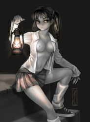 Rule 34 | 1girl, breasts, dark background, highres, kotikomori, light, looking at viewer, nipples, open clothes, open shirt, shirt, short hair, sitting, skirt, smile, solo, twintails