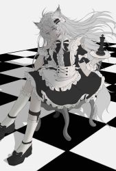 Rule 34 | 1girl, :q, absurdres, aipssai, alternate costume, animal ears, antenna hair, apron, arknights, black bow, black bowtie, black dress, black footwear, black nails, bow, bowtie, chair, checkered floor, chess piece, commentary, dress, enmaided, fork, frilled apron, frills, grey eyes, hair ornament, hairclip, hands up, head tilt, highres, holding, holding fork, holding plate, king (chess), kneehighs, lappland (arknights), long hair, looking at viewer, maid, maid apron, nail polish, petticoat, plate, puffy short sleeves, puffy sleeves, scar, scar across eye, scar on face, shadow, shoes, short sleeves, silver hair, sitting, smile, socks, solo, tail, tongue, tongue out, waist apron, white apron, white socks, wolf ears, wolf tail, wrist cuffs