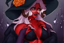 Rule 34 | colored skin, glasses, hat, horns, indie virtual youtuber, melissa belladonna, red skin, white hair, witch hat