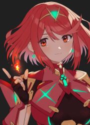 Rule 34 | 1girl, armor, black background, blush, bob cut, chest jewel, dangle earrings, earrings, fingerless gloves, fire, gloves, highres, impossible clothes, jewelry, kinagi (3307377), pyra (xenoblade), pyrokinesis, red eyes, red hair, short hair, shoulder armor, smile, swept bangs, tiara, upper body, xenoblade chronicles (series), xenoblade chronicles 2