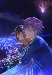 Rule 34 | 1boy, 1girl, black sweater, blue eyes, blurry, blurry background, city, city lights, cloud, cloudy sky, from side, glasses, hand up, highres, holding, kyuuba melo, long sleeves, moonlight, night, nishino kimi, nishio nishiki, outdoors, parted lips, profile, railing, ring box, short hair, sky, sweater, teeth, tokyo ghoul, upper body