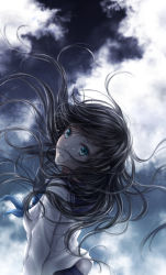 Rule 34 | 1girl, black hair, blue neckerchief, blue sailor collar, blue skirt, blue sky, cloud, cloudy sky, commentary request, floating hair, green eyes, highres, long hair, long sleeves, looking at viewer, looking to the side, neckerchief, nuwanko, original, outdoors, parted lips, pleated skirt, sailor collar, school uniform, serafuku, shirt, skirt, sky, solo, tears, white shirt