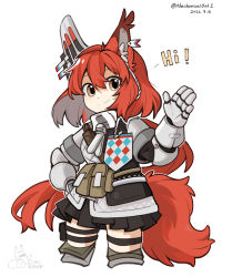 Rule 34 | 1girl, absurdres, animal ears, arknights, armor, bad id, bad twitter id, black skirt, brown eyes, cowboy shot, cropped legs, dated, ear covers, ear tag, earpiece, english text, flametail (arknights), gauntlets, hair between eyes, hand on own hip, hand up, highres, long hair, looking at viewer, mechanical owl, pleated skirt, ponytail, skirt, smile, solo, squirrel ears, squirrel girl, squirrel tail, tail, twitter username, waving