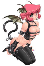 Rule 34 | 1girl, arched back, bare shoulders, belt bra, blush, boots, bottomless, breasts, bursting breasts, cleavage, cleavage cutout, clothing cutout, collar, covered erect nipples, demon girl, demon wings, earrings, fingerless gloves, gloves, grey eyes, head wings, jewelry, kajiyama hiroshi, kneeling, latex, nail polish, navel, original, pink hair, purple nails, revealing clothes, short hair, smile, solo, strap, tail, thighhighs, tight clothes, wings