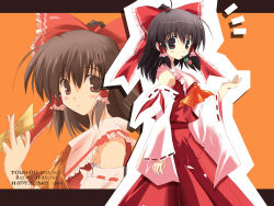 Rule 34 | 1girl, ^^^, ahoge, ascot, black hair, blush, character name, copyright name, detached sleeves, dress, female focus, fingernails, flat chest, hair ribbon, hakurei reimu, happy birthday (artist), japanese clothes, letterboxed, long fingernails, looking back, miko, mouth hold, ofuda, ponytail, purple eyes, ribbon, short hair, solo, standing, surprised, touhou, wallpaper