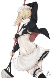 Rule 34 | 1girl, apron, artoria pendragon (alter swimsuit rider) (fate), artoria pendragon (alter swimsuit rider) (second ascension) (fate), artoria pendragon (fate), bikini, black bikini, black bow, black jacket, black thighhighs, blonde hair, bow, braid, breasts, bridal garter, choker, fate/grand order, fate (series), french braid, frilled bikini, frilled choker, frills, holding, holding mop, hood, hoodie, jacket, long sleeves, maid, maid bikini, maid headdress, mop, navel, open clothes, open hoodie, pale skin, side-tie bikini bottom, small breasts, solo, string bikini, swimsuit, thighhighs, thighlet, unconventional maid, viktorf, waist apron, white apron, yellow eyes