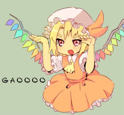 Rule 34 | 1girl, :d, bad id, bad pixiv id, blonde hair, dress, eyebrows, female focus, flandre scarlet, gao, hat, mob cap, no legs, open mouth, rawan, red eyes, short hair, simple background, smile, solo, touhou, wings