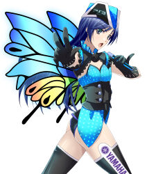 Rule 34 | ass, black gloves, blue hair, butterfly wings, frilled shrug, game console, gloves, grey eyes, highres, holding, holding microphone, ichimedoo, idol, idolmaster, idolmaster xenoglossia, insect wings, kisaragi chihaya, leotard, logo, long hair, looking at viewer, microphone, open mouth, playstation 3, polka dot, short sleeves, shrug (clothing), sidelocks, sideways glance, simple background, strapless, strapless leotard, thighhighs, underbust, w, white background, wings, yamaha