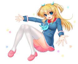 Rule 34 | 1girl, :d, bad id, bad pixiv id, blonde hair, blue eyes, blush, breasts, fang, female focus, large breasts, looking at viewer, mashuu (neko no oyashiro), open mouth, original, outstretched arms, pink footwear, school uniform, shoes, smile, solo, spread arms, star (symbol), two side up, white legwear