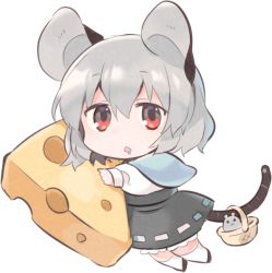 Rule 34 | 1girl, akagashi hagane, animal ears, basket, black footwear, capelet, cheese, chibi, dress, drooling, food, full body, grey dress, grey hair, hair between eyes, hugging object, looking at viewer, mouse (animal), mouse ears, mouse girl, mouse tail, mouth drool, nazrin, red eyes, shoes, short hair, solo, swiss cheese, tail, tareme, touhou, transparent background, triangle mouth, white legwear