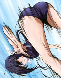 Rule 34 | 10s, 1girl, absurdres, ass, black hair, blue eyes, competition swimsuit, hair ribbon, highres, hip attack, hungry clicker, kaminashi nozomi, keijo!!!!!!!!, long hair, looking back, official art, one-piece swimsuit, ribbon, solo, swimsuit