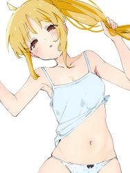 Rule 34 | 1girl, ahoge, blonde hair, blue shirt, blush, bocchi the rock!, breasts, camisole, cleavage, clothes lift, collarbone, commentary request, groin, highres, holding own hair, ijichi nijika, long hair, looking at viewer, navel, no nose, open mouth, panties, polka dot, polka dot panties, red eyes, shirt, shirt lift, side ponytail, sidelocks, simple background, small breasts, solo, ukitaryu, underwear, upper body, white background, white panties