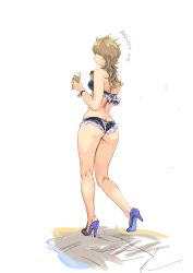 Rule 34 | 1girl, ass, bikini, black bikini, blue footwear, breasts, brown hair, butt crack, carina (xiaowoo), character name, closed mouth, commentary request, frilled bikini, frills, from behind, full body, high heels, highres, holding, ice cream cone, kaikan change, long hair, medium breasts, profile, saionji makoto, simple background, smile, solo, standing, swimsuit, walking, white background