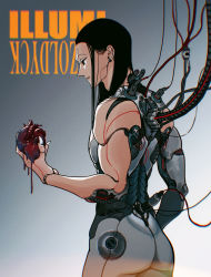 Rule 34 | 1boy, absurdres, android, ass, black hair, cable, character name, completely nude, cowboy shot, earrings, fingernails, grey background, hair slicked back, heart, heart (organ), highres, holding, holding heart, hunter x hunter, illumi zoldyck, jewelry, joints, kuhuo, long fingernails, long hair, looking away, male focus, mechanical parts, nail polish, nude, profile, robot joints, science fiction, sharp fingernails, smile, solo, straight hair, white nails