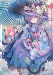 Rule 34 | 2girls, absurdres, alternate costume, black wings, blue bow, blue eyes, blunt bangs, bow, crescent, demon wings, floral print, flower, hat, hat flower, headphones, highres, holding, holding umbrella, huge filesize, japanese clothes, kimono, koakuma, lantern, long hair, looking at viewer, multiple girls, oil-paper umbrella, patchouli knowledge, pointy ears, purple hair, purple headwear, purple kimono, red bow, red eyes, red hair, sitting, smile, striped, touhou, umbrella, umemaro (siona0908), very long hair, white flower, wings
