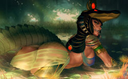 Rule 34 | 1girl, ass, bikini, black hair, blue bikini, breasts, fish in mouth, from side, grass, hair ornament, highres, large breasts, lizard tail, long hair, looking at viewer, looking back, nude, original, outdoors, reptile girl, see-through, shiny skin, signature, slit pupils, sobek (mythology), swimsuit, tail, themaestronoob, water