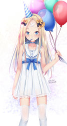 Rule 34 | 1girl, abigail williams (fate), alternate costume, balloon, bare arms, bare shoulders, black bow, blonde hair, blush, bow, commentary request, crossed bandaids, dated, dress, fate/grand order, fate (series), female focus, hair bow, hat, highres, holding, holding balloon, long hair, looking at viewer, mouth hold, orange bow, parted bangs, party hat, party whistle, puririn, sailor collar, sailor dress, sleeveless, sleeveless dress, solo, standing, striped clothes, striped headwear, thighhighs, tilted headwear, twitter username, very long hair, white dress, white sailor collar, white thighhighs