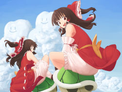 Rule 34 | 2girls, 4joukioto, :d, bloomers, brown eyes, brown hair, cloud, commentary request, cookie (touhou), detached sleeves, dual persona, full body, green shell (mario), hakurei reimu, highres, kanna (cookie), long hair, looking at viewer, mario (series), multiple girls, nintendo, open mouth, red shirt, ribbon-trimmed sleeves, ribbon trim, riding, round teeth, shirt, sidelocks, sleeveless, sleeveless shirt, smile, smiley face, teeth, touhou, underwear, white bloomers, white sleeves