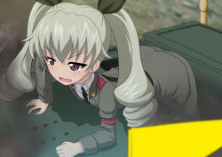 Rule 34 | 10s, 1girl, anchovy (girls und panzer), anzio military uniform, arm support, belt, black belt, black necktie, blurry, blurry background, blurry foreground, carro armato p40, commentary, day, depth of field, dress shirt, drill hair, girls und panzer, green hair, grey jacket, grey pants, highres, jacket, leaning forward, long hair, military, military uniform, military vehicle, motor vehicle, necktie, open mouth, outdoors, pants, red eyes, sam browne belt, shiina excel, shirt, solo, sweatdrop, tank, twin drills, twintails, uniform, v-shaped eyebrows, white shirt