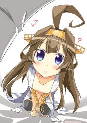 Rule 34 | 10s, 1boy, 1girl, admiral (kancolle), aged down, ahoge, black thighhighs, blue eyes, brown hair, collarbone, covering privates, covering crotch, flat chest, from above, huge ahoge, kantai collection, kongou (kancolle), long hair, looking up, minazuki futago, naked shirt, nude, open mouth, shirt, sitting, thighhighs