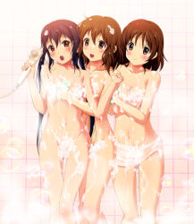 Rule 34 | 3girls, :d, bad id, bad pixiv id, bath, black hair, blush, breasts, brown eyes, brown hair, bubble, censored, cleavage, completely nude, convenient censoring, female focus, hirasawa ui, hirasawa yui, k-on!, long hair, midriff, multiple girls, nakano azusa, nude, open mouth, same-sex bathing, shared bathing, shian (my lonly life.), short hair, shower head, showering, siblings, sisters, smile, soap, towel, twintails, very long hair, yuri