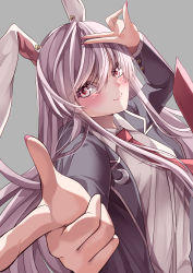 Rule 34 | 1girl, absurdres, animal ears, black jacket, blazer, closed mouth, collared shirt, crescent, crescent pin, eyebrows hidden by hair, fingernails, grey background, highres, jacket, long fingernails, long hair, long sleeves, looking at viewer, mahoro (minase mahoro), nail polish, necktie, pink nails, purple hair, rabbit ears, red eyes, red necktie, reisen udongein inaba, shirt, simple background, smile, solo, touhou, upper body, white shirt