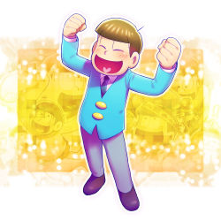 Rule 34 | 10s, 1boy, black necktie, blush, clenched hand, closed eyes, formal, from above, highres, hood, hoodie, looking at viewer, looking down, male focus, matsuno jyushimatsu, multiple persona, multiple views, necktie, osomatsu-kun, osomatsu-san, rectangle, show chiku-by, sleeves past wrists, smile, suit