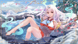 Rule 34 | 1girl, aqua fire, barefoot, cherry blossoms, clothed bath, detached sleeves, duel monster, fh moya, fiery horns, fire, green fire, holding, holding smoking pipe, horns, japanese clothes, kimono, kiseru, kurikara divincarnate, light purple hair, onsen, red eyes, sleeveless, sleeveless kimono, smile, smoking pipe, solo, thighs, toes, yu-gi-oh!