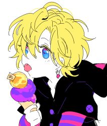 Rule 34 | 10s, 1boy, amo (yellowpink a), blonde hair, blue eyes, child, colored eyelashes, diabolik lovers, earrings, eyelashes, flat color, food, hair over one eye, hood, hoodie, ice cream, jewelry, licking, lowres, male focus, mukami kou, pale skin, ponytail, simple background, single earring, solo, striped, sweets, tongue, tongue out, upper body, white background, aged down