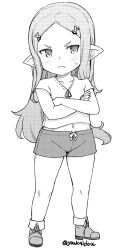Rule 34 | 1girl, blush, closed mouth, crossed arms, full body, granblue fantasy, greyscale, hair ornament, harvin, jingai modoki, long hair, looking to the side, milleore, monochrome, pointy ears, shirt, short hair, short sleeves, shorts, solo, standing, twitter username, x hair ornament