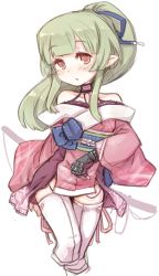Rule 34 | 1girl, 7010, :o, bare shoulders, blush, green hair, hair ribbon, katana, long hair, looking at viewer, original, pointy ears, ponytail, red eyes, ribbon, sketch, solo, sword, thighhighs, weapon, white background, white thighhighs