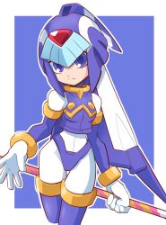 Rule 34 | 1girl, android, blue background, blue eyes, breasts, cowboy shot, facing viewer, gloves, helmet, highres, holding, fairy leviathan (mega man), light smile, omeehayo, mega man (series), mega man zero (series), simple background, small breasts, solo, weapon, white gloves